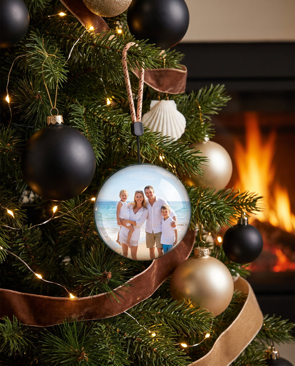 Memory Orb hanging on a Christmas tree showing a family photo